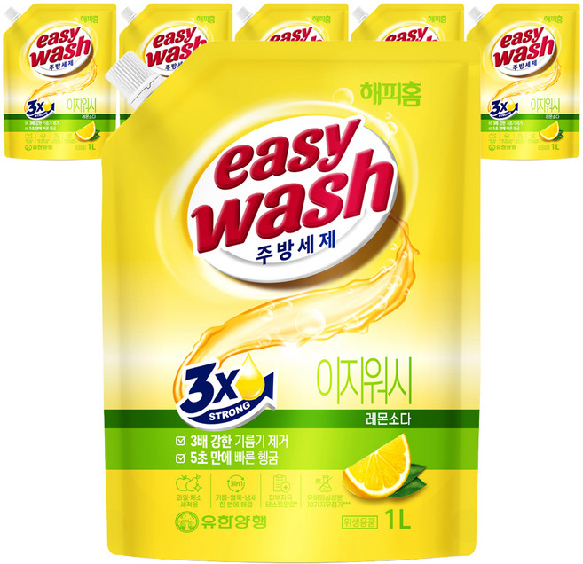 HAPPYHOME 廚房洗碗精 Easy Wash 檸檬蘇打 補充包, 6個, 1L