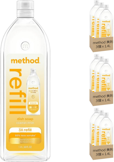 method 美則 極淨效速洗碗精補充瓶 海岸香橙, 9個, 1.4L