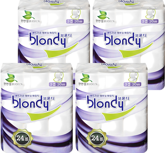 blondy 3層水溶性高級天然紙漿捲筒衛生紙, 30m, 24捲, 4個