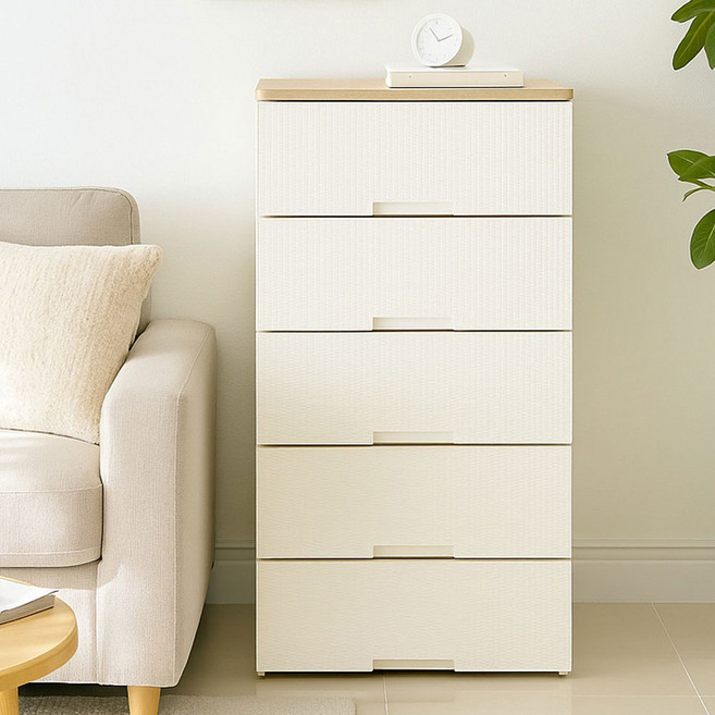 보노하우스 라탄플러스 우드상판 서랍장, 5단, 모던 화이트