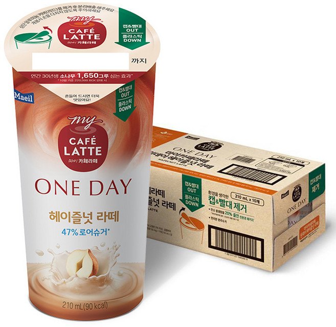 마이카페라떼 원데이 로어슈거 헤이즐넛라떼, 210ml, 10개