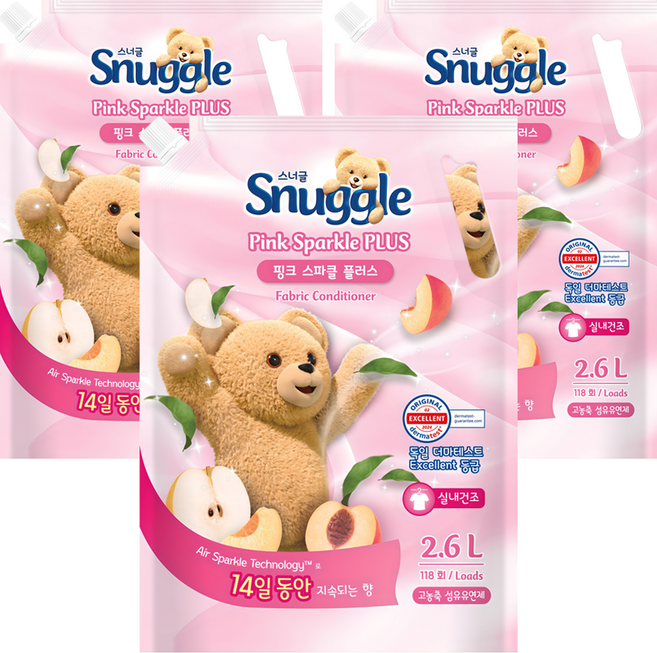 스너글 실내 건조 섬유유연제 핑크 스파클 플러스 리필, 2.6L, 3개