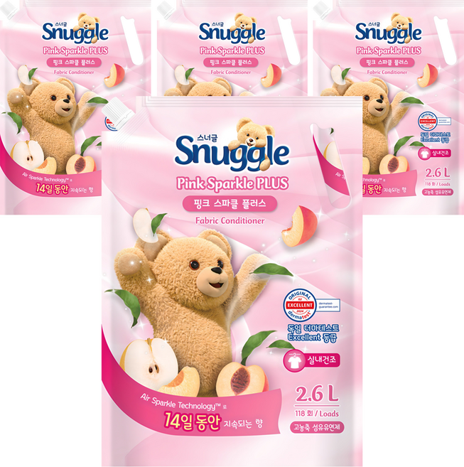 스너글 실내 건조 섬유유연제 핑크 스파클 플러스 리필, 2.6L, 4개