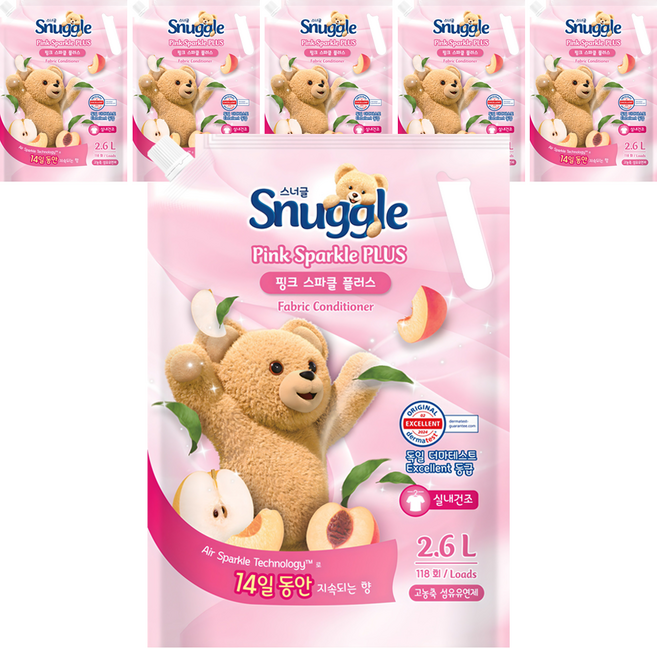 스너글 실내 건조 섬유유연제 핑크 스파클 플러스 리필, 2.6L, 6개