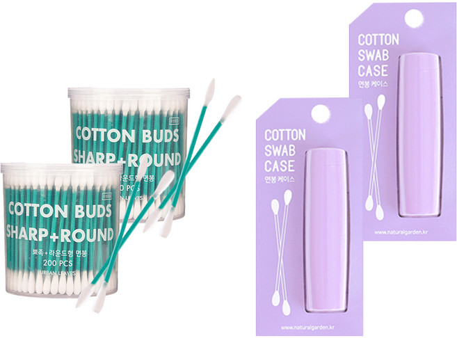 어반리브즈 휴대용 면봉 케이스 VIOLET + 뾰족 라운드 면봉 200p, 2개