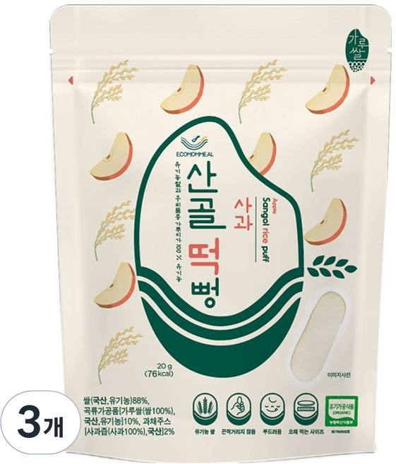 에코맘의산골이유식 유아용 산골 떡뻥, 사과맛, 20g, 3개