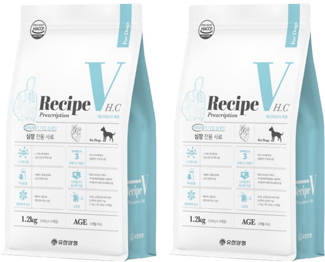 유한양행레시피브이 강아지 처방식사료, 심장, 1.2kg, 2개