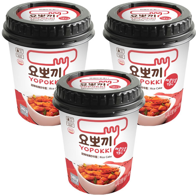 YOPOKKI 辣炒年糕杯 甜辣味, 140g, 3個