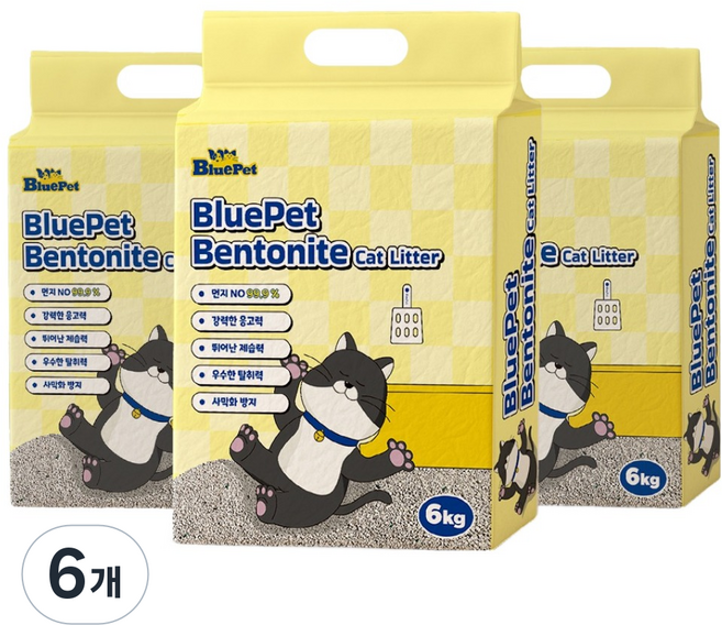 블루펫 먼지없는 벤토나이트 고양이 모래, 6kg, 6개, 무향