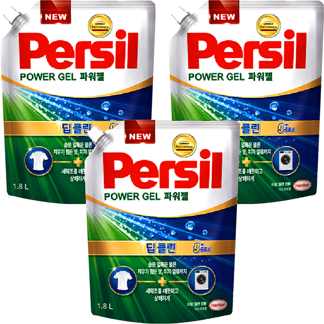 Persil 寶瀅 韓國原裝進口 Power Gel Plus 9重酵素強效淨垢洗衣凝露補充包, 3包, 1.8L