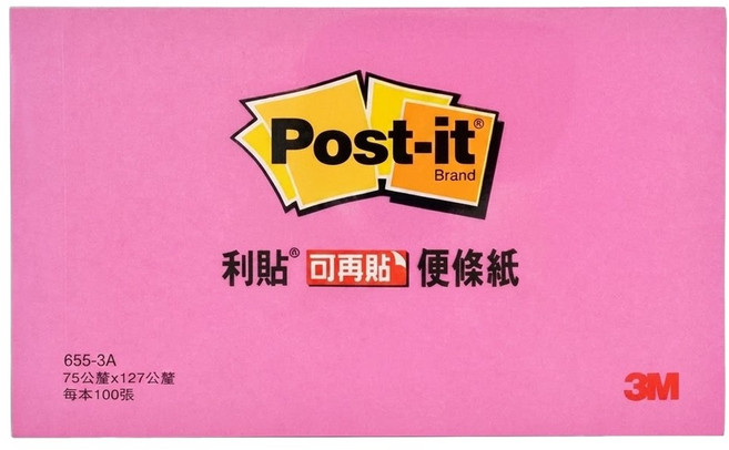3M Post-it 利貼 可再貼便條紙 655-3A 3 x 5, 粉紅, 100張, 1本
