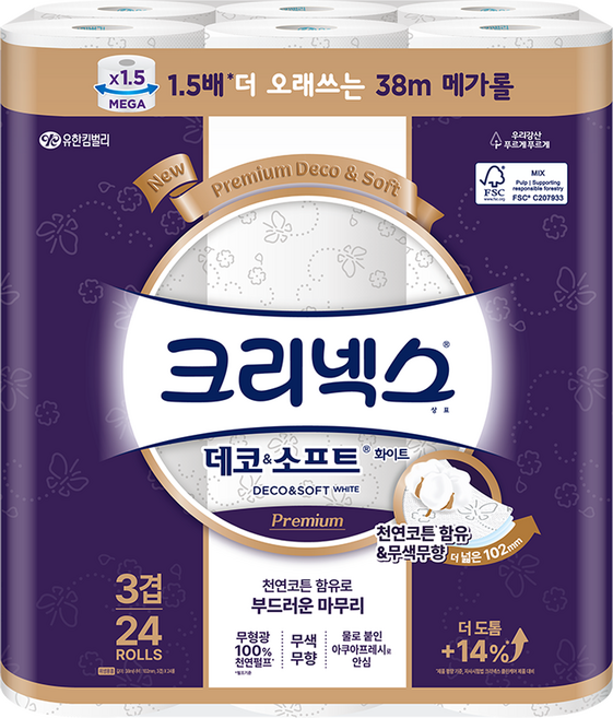 크리넥스 데코 앤 소프트 화이트 천연펄프 3겹 고급롤화장지, 38m, 24개입, 1개