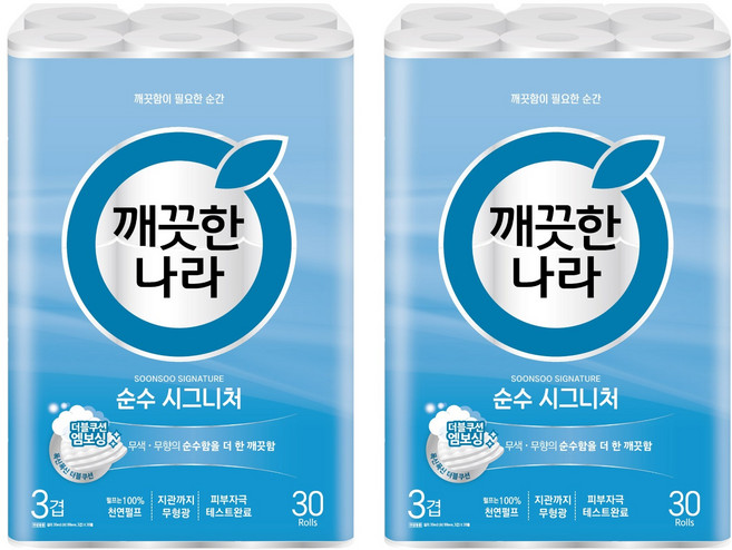 깨끗한나라 순수 시그니처 천연펄프 3겹 화장지, 30m, 30개입, 2개