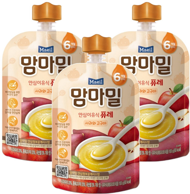 맘마밀 안심 이유식 퓨레 6개월부터, 100g, 3개, 사과와 고구마