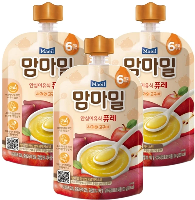 맘마밀 안심 이유식 퓨레 6개월부터, 100g, 3개, 사과와 고구마 - 쿠팡