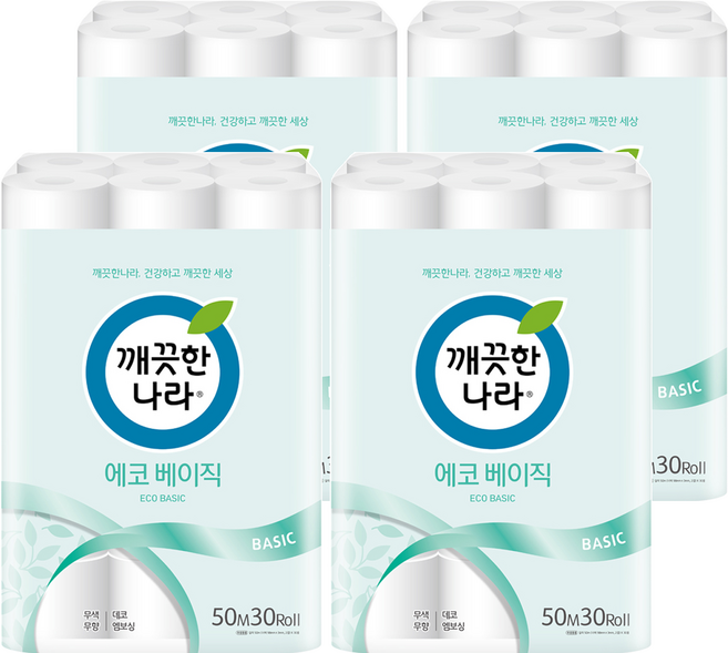 깨끗한나라 에코 베이직 2겹 롤화장지, 50m, 30개입, 4개