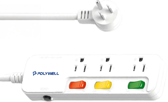 POLYWELL 寶利威爾 3P電源插座延長線 3切3座 6尺 PW15-T05-A036, 185mm, 白色, 1條