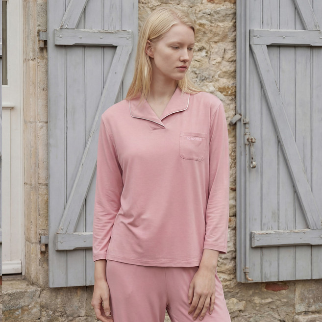 renoma 女款素色蜜桃絨彈性九分睡衣上下套裝