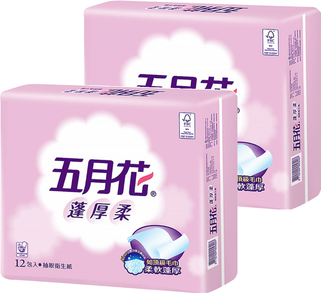 五月花 蓬厚柔頂級抽取衛生紙 100張, 12包, 2袋