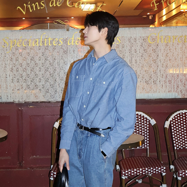 마인드브릿지 남녀공용 샴브레이 오버핏 워크셔츠 MZWS2153