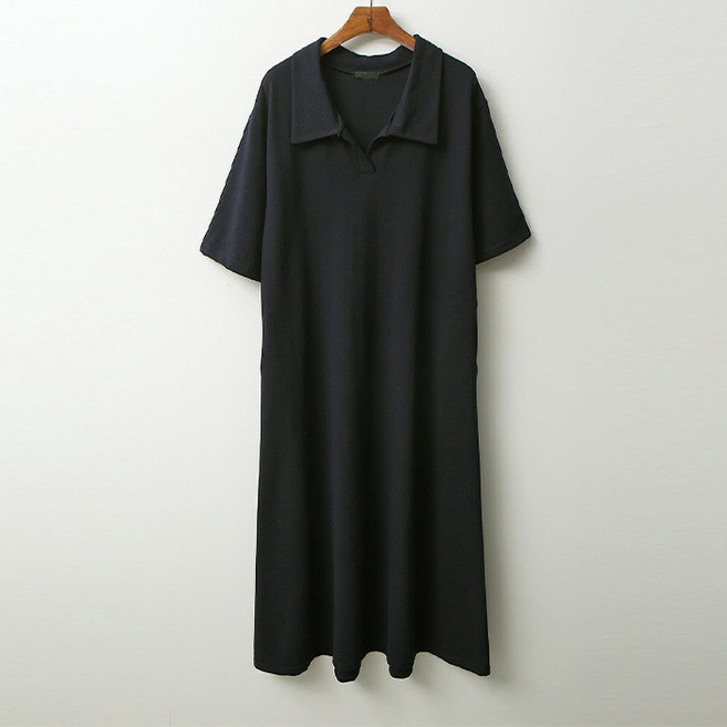 티탁 여성용 통기성 빅사이즈 데일리 칼라넥 PK카라 A라인 포켓 무지 반팔 롱원피스 TTCD57