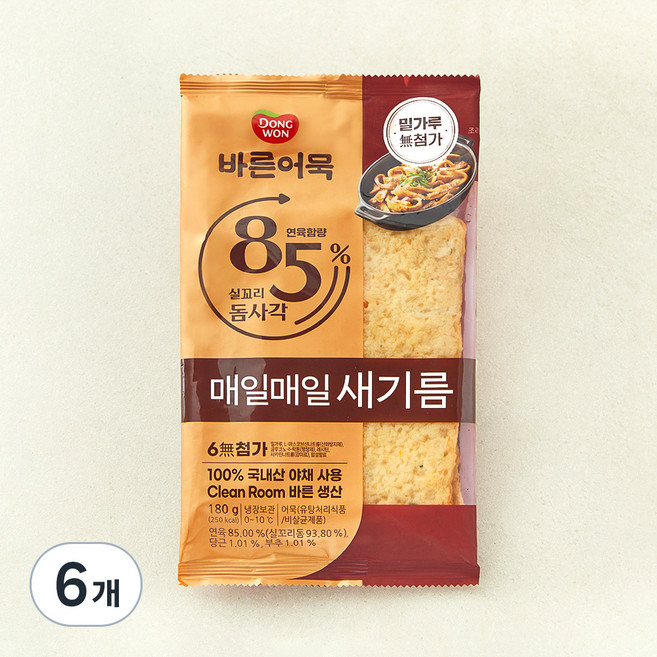 바른어묵 85% 실꼬리돔사각 어묵, 180g, 6개