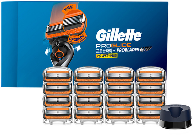 질레트 정품 면도기 스탠드 + 프로글라이드 파워 면도날 16p, 1세트, 16개입