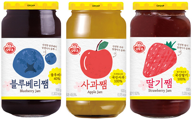 오뚜기 딸기쨈 + 블루베리쨈 + 사과쨈, 1세트, 500g