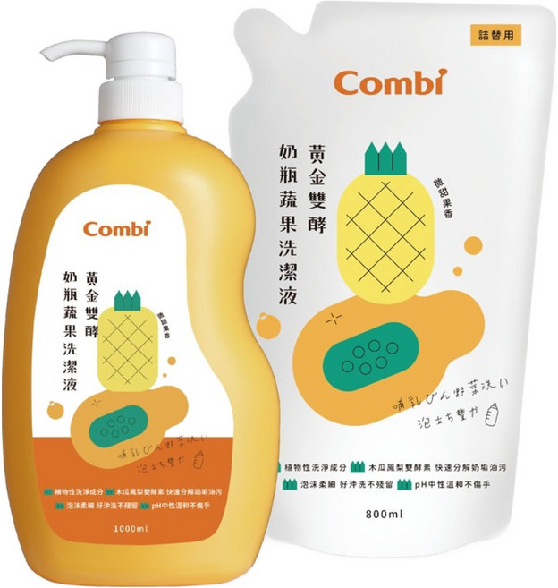 Combi 康貝 黃金雙酵奶瓶蔬果洗潔液 + 補充包 微甜果香, 1.8L, 1組
