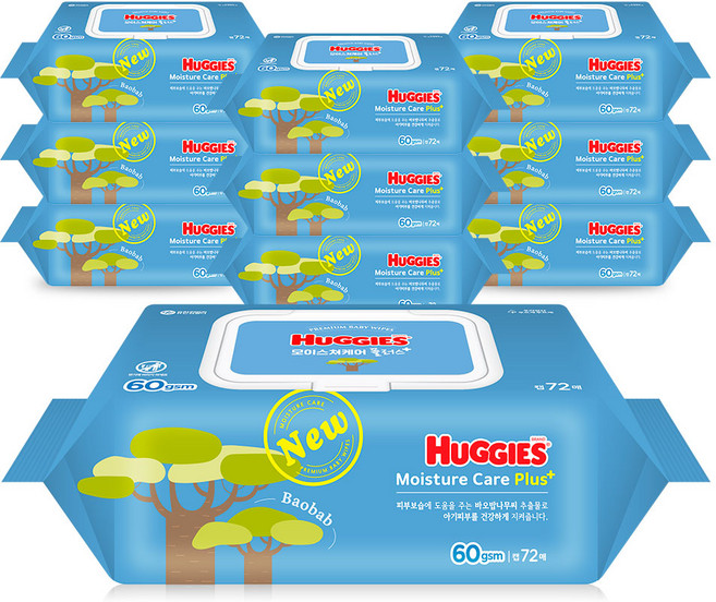 하기스 모이스쳐케어 플러스 유아물티슈 캡형, 60g, 72매, 10개