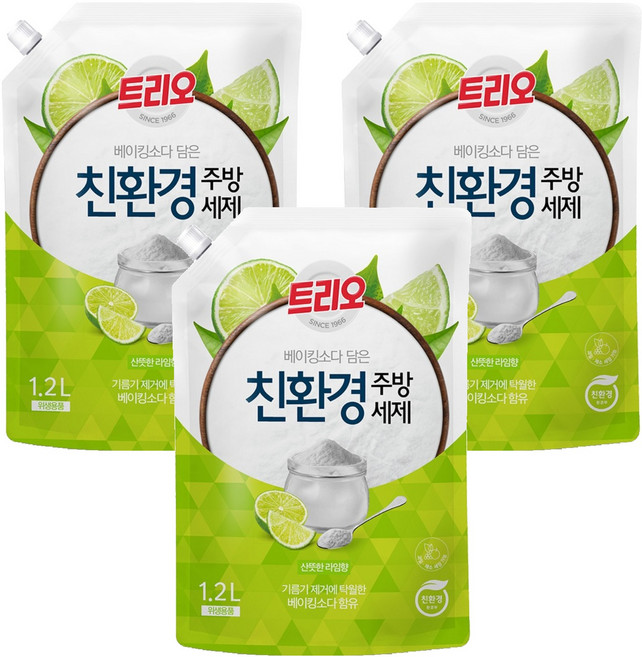 트리오 베이킹소다 담은 친환경 주방세제 라임향 리필, 1.2L, 3개