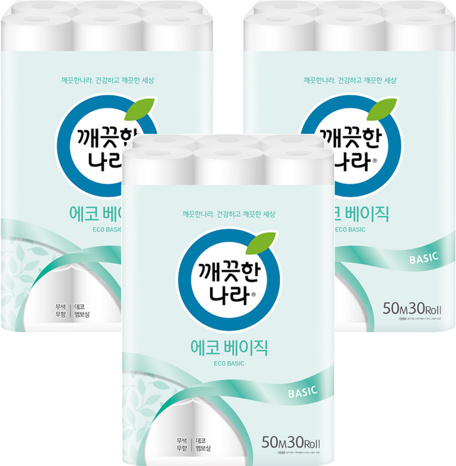 깨끗한나라 에코 베이직 2겹 롤화장지, 50m, 30개입, 3개
