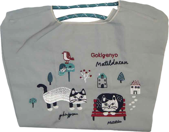 kUSUgURU JAPAN 日本眼鏡貓 手提包 環保袋日本刺繡尼龍購物袋 Matilda san款, 灰色