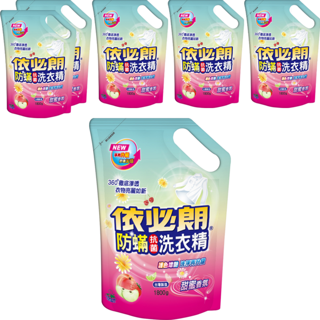 依必朗防蟎抗菌洗衣精補充包 甜蜜香氛 護色增豔配方 高效解垢 徹底洗淨不殘留, 1.8kg, 6包