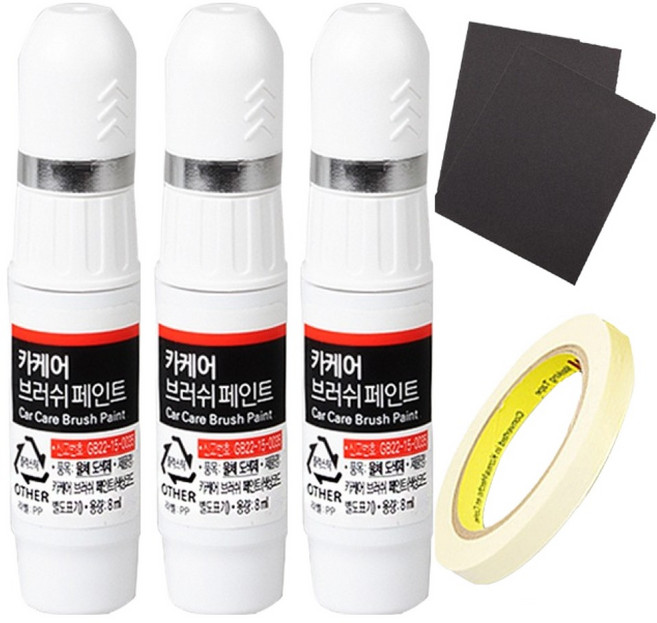 자동차 붓펜 2종 + 투명 페인트 + 사포 + 마스킹테이프 세트, 1세트, PPSW테슬라화이트워터펄