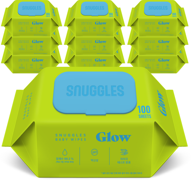 스너글스 글로우 유아용 피부 저자극 인증 고평량 아기물티슈 엠보싱 캡형, 10팩, 80매, 65g
