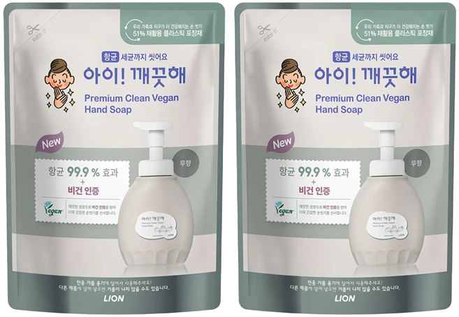 아이깨끗해 프리미엄 클린 비건 폼 핸드솝 무향 리필, 400ml, 2개 - 쿠팡