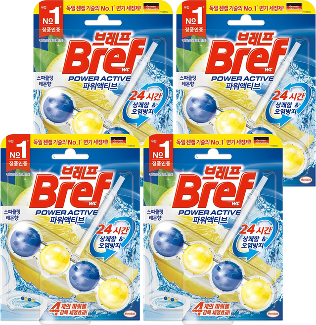 브레프 파워액티브 변기세정제 스파클링 레몬향, 50g, 4개