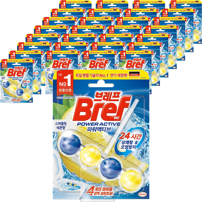 브레프 파워액티브 변기세정제 스파클링 레몬향, 50g, 30개