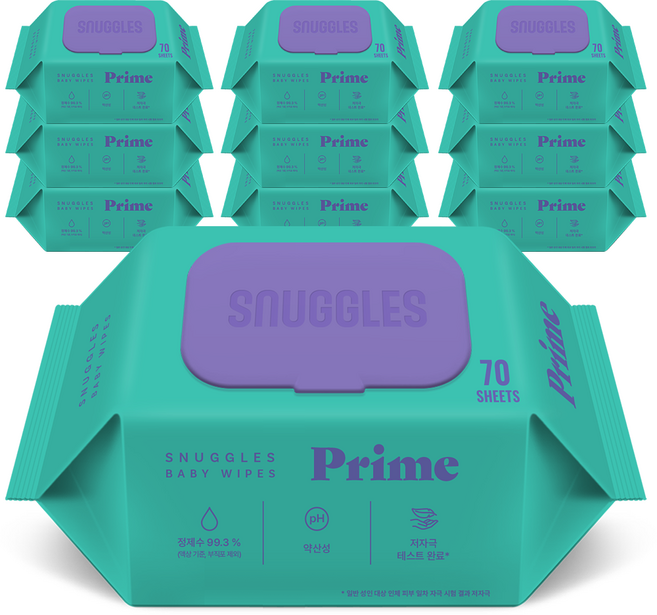 스너글스 프라임 유아용 저자극 아기물티슈 캡형, 10팩, 70매, 70g