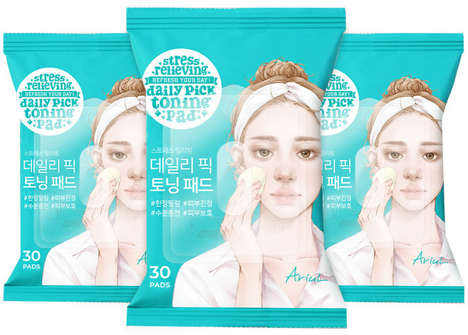 [비건뷰티] 아리얼 데일리 픽 진정 토닝패드 57g, 30매입, 3개