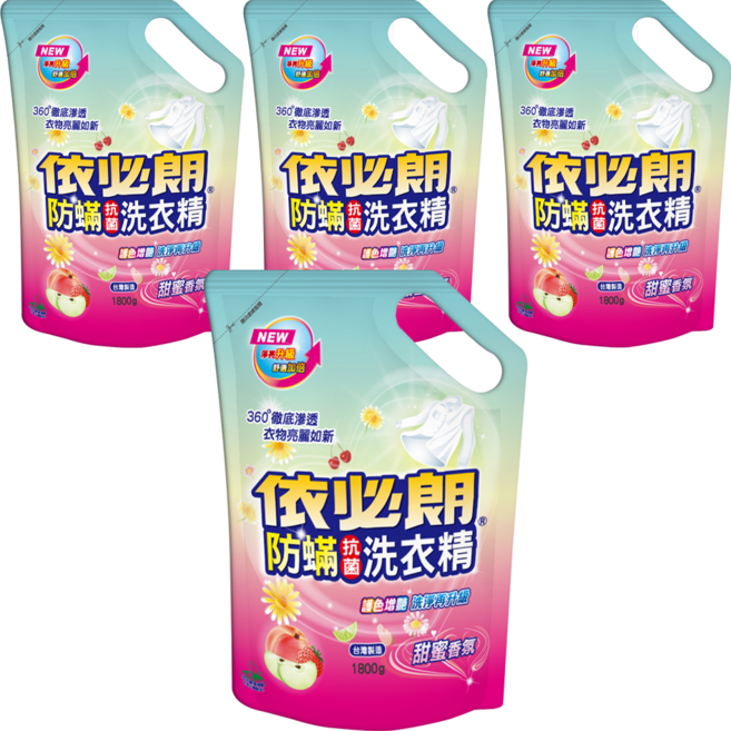 依必朗防蟎抗菌洗衣精補充包 甜蜜香氛 護色增豔配方 高效解垢 徹底洗淨不殘留, 1.8kg, 4包