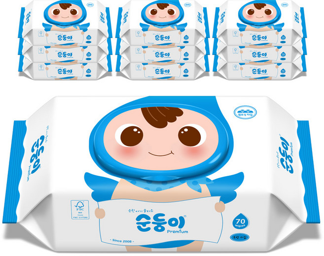 순둥이 프리미엄 엠보싱 유아물티슈 캡형 무향 NC-01, 65g, 70매, 10개
