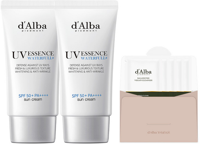 [비건뷰티] 달바 워터풀 에센스 선크림 SPF50+ PA++++ 50ml x 2p + 밸런싱 비건 젤 클렌저 3ml x 5p 세트, 1개