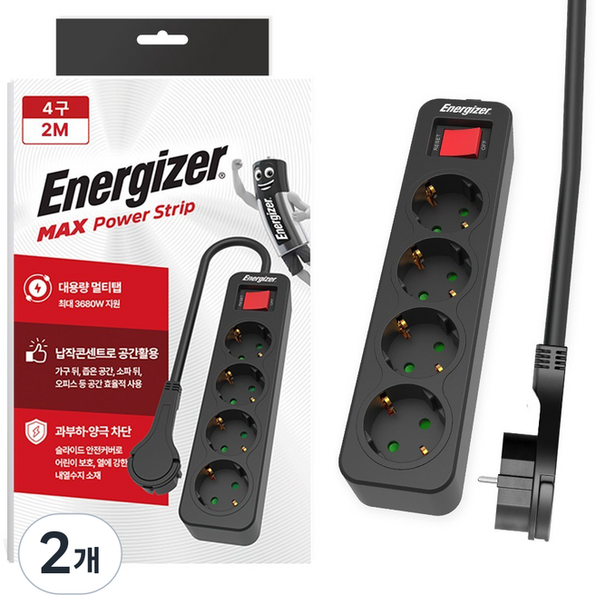 에너자이저 과부하차단 고용량 3680W 멀티탭 4구, 2m, 블랙, 2개