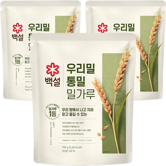 백설 통밀 영양가득 곱게빻은 밀가루, 750g, 3개
