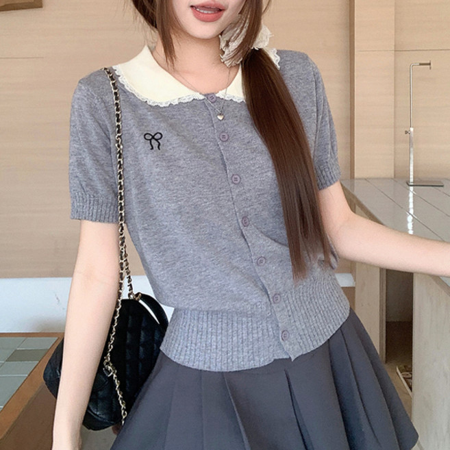 Awesomeful 女款 Rekeydy 蝴蝶結刺繡撞色翻領短袖開襟衫 A26SMC031204