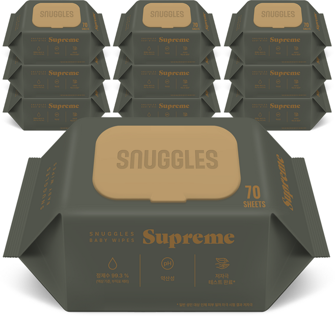 스너글스 슈프림 유아용 저자극 아기물티슈 캡형, 10팩, 70매, 80g