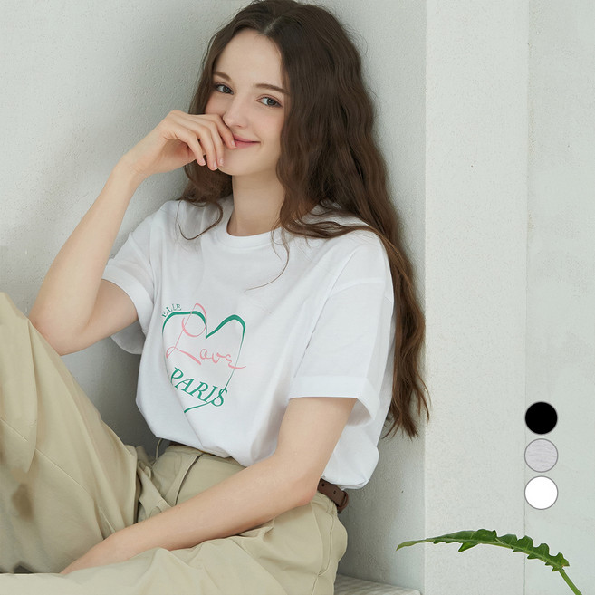 ELLE PARIS 여성용 통기성 루즈핏 Love 반팔 티셔츠