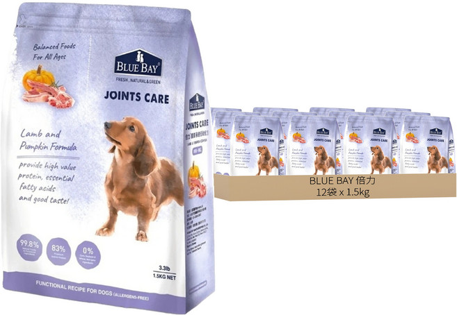 BLUE BAY 倍力 犬用 羊肉 + 南瓜 低敏乾糧, 關節保健, 1.5kg, 12袋